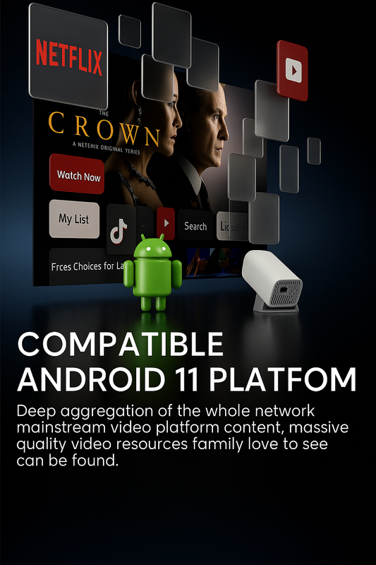 Portable Smart Wireless Projector,4K Supported | Android 11.0, WiFi 6, Auto Keystone | 120" Display, FHD-UHD, Home Theater Projector with Powerful Speaker | Portable & Sleek