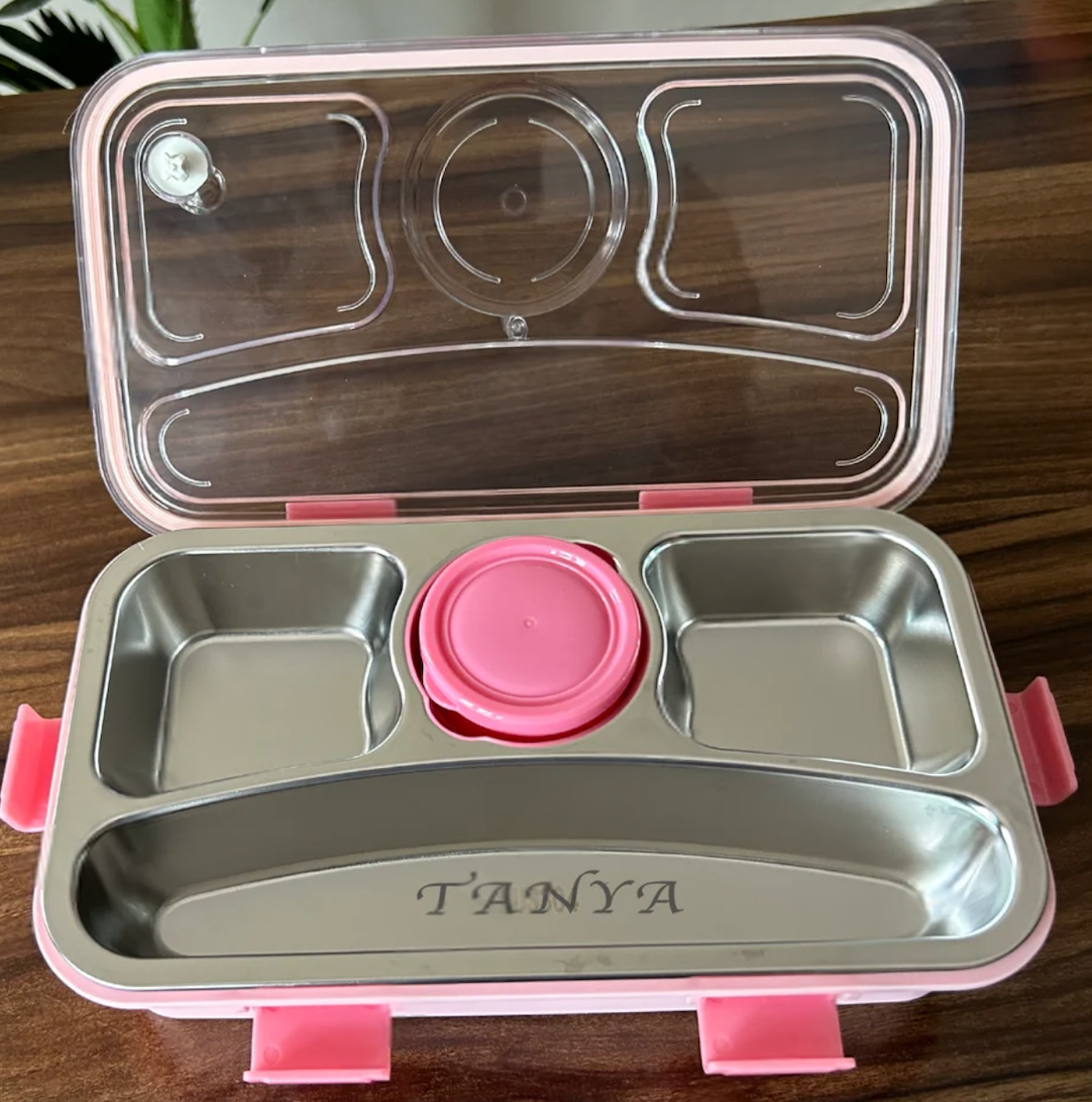 Bento Stainless steel 4-compartment Big lunch box with spoon, chopsticks & gravy container. Leak-proof, BPA-free, easy to clean, and great for meals on the go. Free steel engraving. Random color.