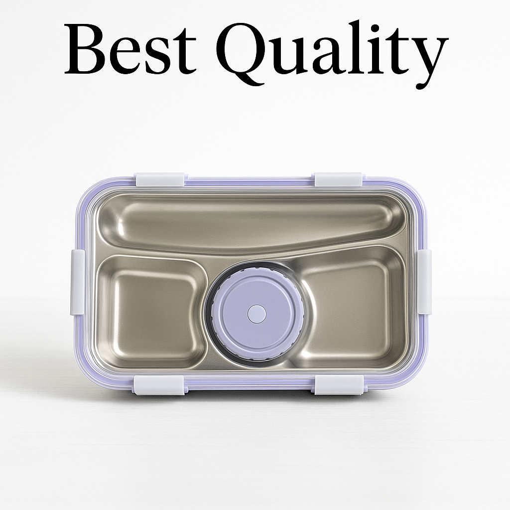 Bento Stainless steel 4-compartment Big lunch box with spoon, chopsticks & gravy container. Leak-proof, BPA-free, easy to clean, and great for meals on the go. Free steel engraving. Random color.