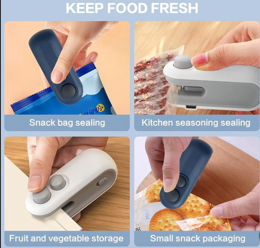 Portable Mini Bag Sealer, compact, magnetic, with cutter. Perfect for snacks, food & travel. Rechargeable & easy to use, Seal in freshness anywhere!