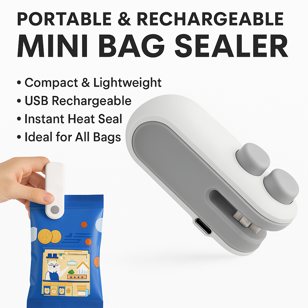 Portable Mini Bag Sealer, compact, magnetic, with cutter. Perfect for snacks, food & travel. Rechargeable & easy to use, Seal in freshness anywhere!