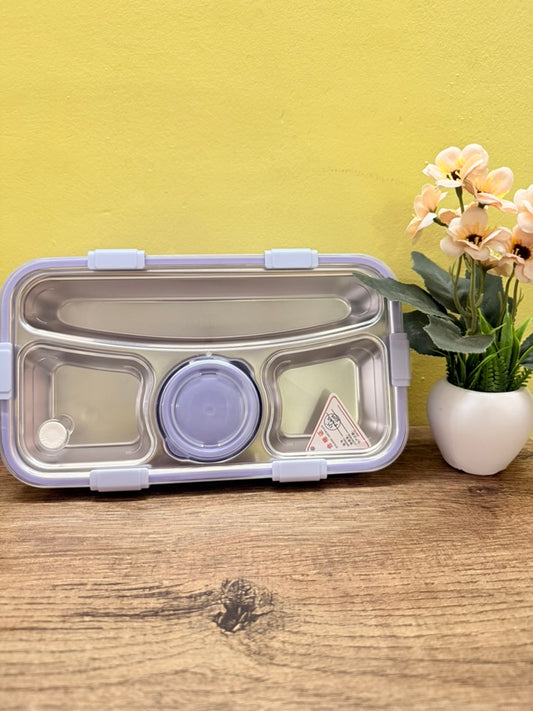 Bento Stainless steel 4-compartment Big lunch box with spoon, chopsticks & gravy container. Leak-proof, BPA-free, easy to clean, and great for meals on the go. Free steel engraving. Random color.