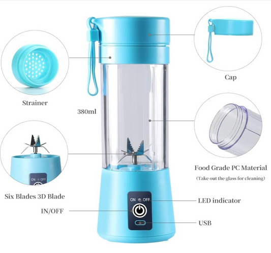 Portable 6-Blade Electric Juicer Blender with built-in jar. USB rechargeable, personal-size juicer, grinder, and mixer. Perfect for on-the-go smoothies. Available in multicolour.