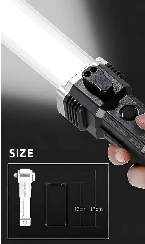 LED Rechargeable Torch Light with long-distance beam. Features a hammer for window glass breaking and a seat belt cutter. Perfect for car rescue and emergency situations. (