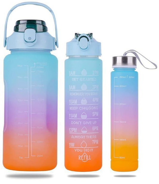 3-in-1 Motivational Silicone Water Bottle Set (1000ml, 750ml, 500ml) with leak-proof lids & time markers. Perfect for fitness, travel & daily use. BPA-free, durable & easy to carry.
