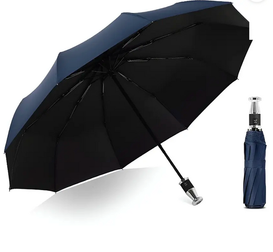 Auto Open-Close Compact Royal Umbrella – Windproof, UV Protection, Lightweight & Foldable. 3-Fold design with anti-slip handle. Perfect for travel, rain & sun protection.