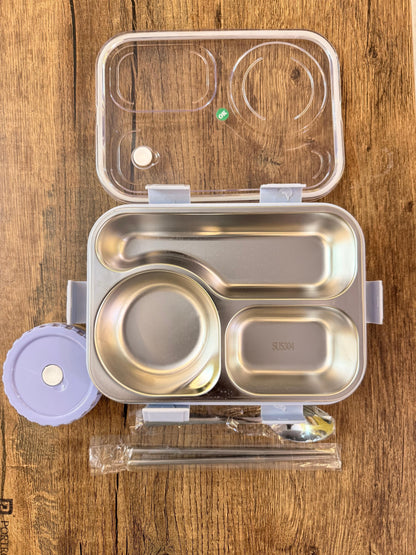 Bento Stainless Steel Lunch Box 3 Compartment Leak-Proof BPA Free, Lunch Box for Boys, Lunch Box with Spoon, Pair of Chopsticks & Gravy Container (Random Color),850 ml