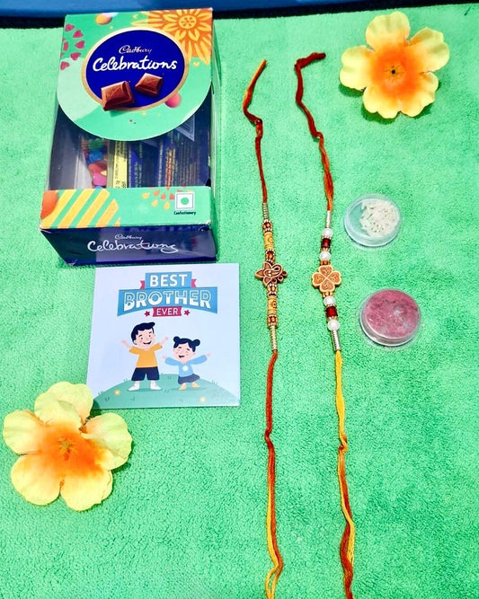 Set Of 2 Rakhi For Brother With Chocolate Combo, Gift For Brother, Ganesha, Rakhi Om Rakhi For Bro With Cadbury Celebration Chocolate Pack and tilak set, Pair Couple Rakhi Set Of 2, Multicolor 70 Gms