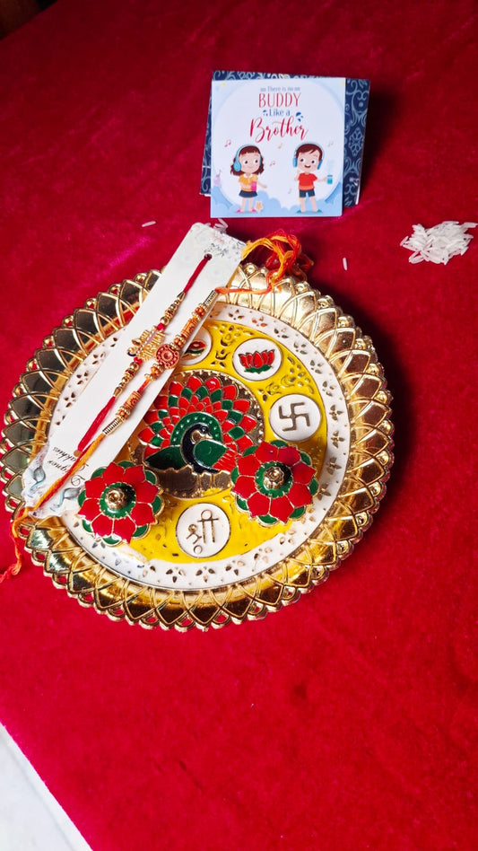Rakhi with Puja Thali Gift Combo for Brother for Rakshabandhan, Pooja Thali, Roli, Chawal, Tika, and Card. Shree Shyam Rakhi - Set of 2