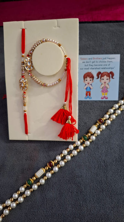 Rakhi For Brother and Bhabhi, Couple Lumba Set of 2 for Rakshabandhan I Combo Pair, Kundan For Men, Bhai, Women, Girls with Roli, Tika and Chawal