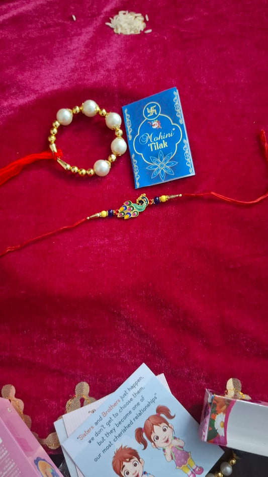 Rakhi For Brother and Bhabhi, Peacock design, Couple Lumba Set of 2 for Rakshabandhan I Combo Pair, Kundan For Men, Bhai, Women, Girls with Roli, Tika and Chawal