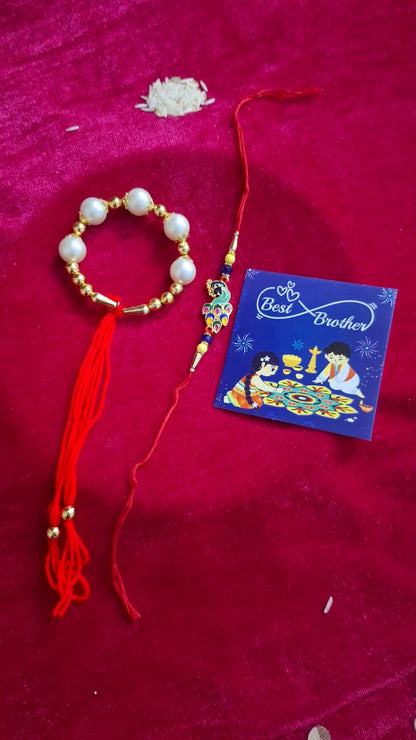 Rakhi For Brother and Bhabhi, Peacock design, Couple Lumba Set of 2 for Rakshabandhan I Combo Pair, Kundan For Men, Bhai, Women, Girls with Roli, Tika and Chawal