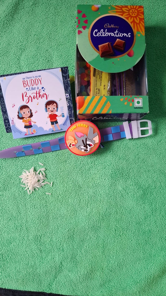 Cartoon light Rakhi with Celebration Cadbury Chocolate, Roli, Chawal, and Cute Card. (Random Color&Cartoon)