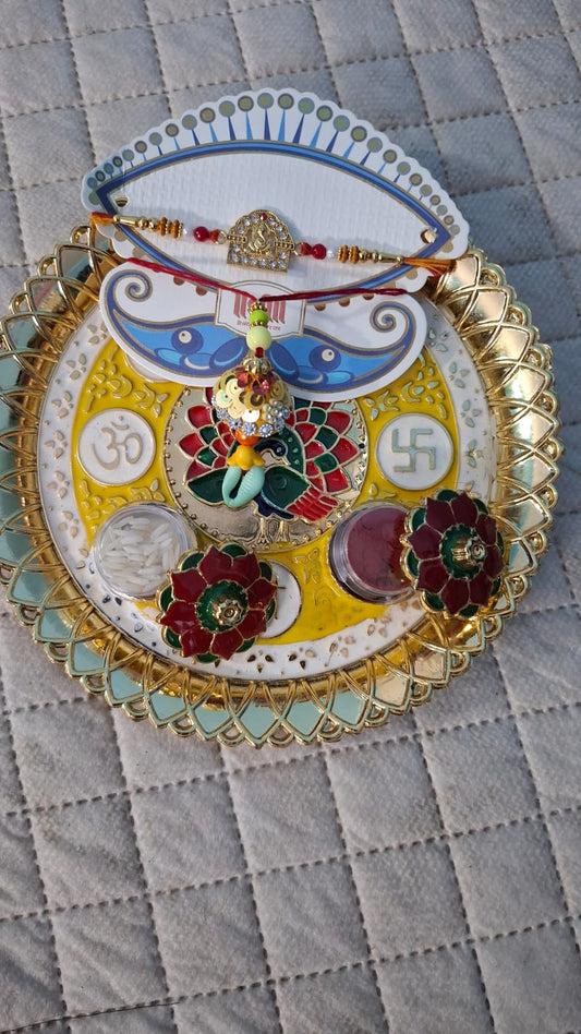 Rakhi For Brother and Bhabhi, Couple Lumba Set of 2 for Rakshabandhan I Combo Pair, Kundan For Men, Bhai, Women, Girls with Roli, Tika and Chawal