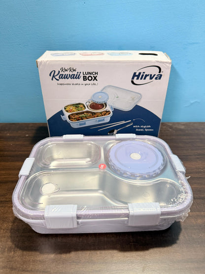 Bento Stainless Steel Lunch Box 3 Compartment Leak-Proof BPA Free, Lunch Box for Boys, Lunch Box with Spoon, Pair of Chopsticks & Gravy Container (Random Color),850 ml