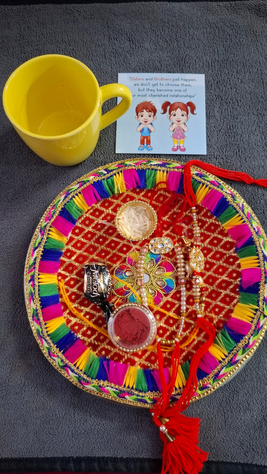 Rakhi with Steel Puja Thali Gift Combo for Brother & Bhaiya for Rakshabandhan, Pooja Thali, Roli, Chawal, Tika,Trendy Cup, and Card. Set of 5