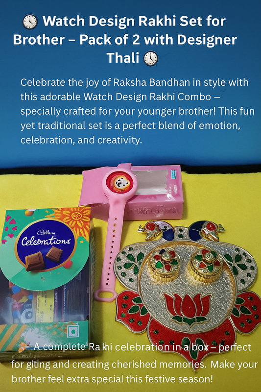 Watch with Light- Designer Rakhi Set for Brother – Pack of 2 with Designer Thali, Tilak, Chawal, Chocolates & Card – Perfect for Younger Brother this Raksha Bandhan!