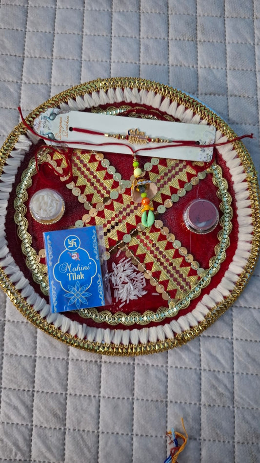 Rakhi with Big Puja Thali Gift Combo for Brother for Rakshabandhan, Big Pooja Thali, Roli, Chawal, Tika, and Card. - Set of 2