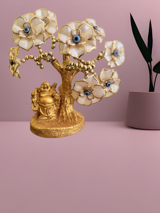 Laughing Buddha Under Evil Eye Tree – Feng Shui Showpiece for Luck, Protection & Gifting | Vastu Decor Charm, Waterproof (Golden)