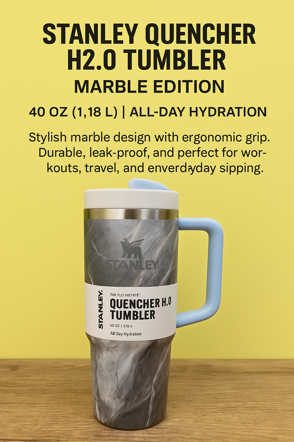 Quencher H2.0 Tumbler with Handle and Straw 40 oz | Flow-state 3-Position Lid | Cup Holder Compatible for Travel | Insulated Stainless Steel Cup | BPA-Free | Limited Marble Edition