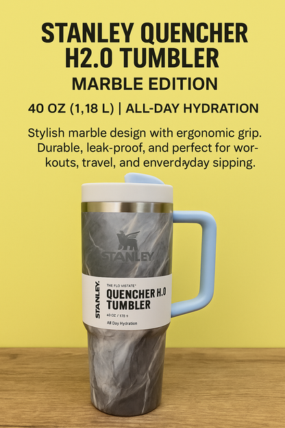 Quencher H2.0 Tumbler with Handle and Straw 40 oz | Flow-state 3-Position Lid | Cup Holder Compatible for Travel | Insulated Stainless Steel Cup | BPA-Free | Limited Marble Edition