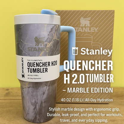 Quencher H2.0 Tumbler with Handle and Straw 40 oz | Flow-state 3-Position Lid | Cup Holder Compatible for Travel | Insulated Stainless Steel Cup | BPA-Free | Limited Marble Edition