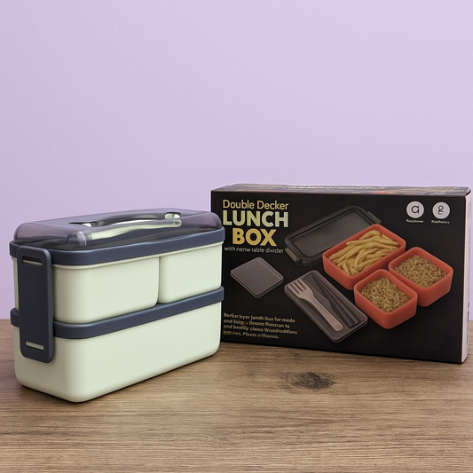 Double Decker Snacks Boxes 3-in-1 Compartment with 1 Spoon & 1 Fork for Adults and kids,  Freezer Safe Lunch Boxes, 3 Compartment Air Tight Lunch Box for Office, Durable Plastic Lunch Box for School, Set of 2